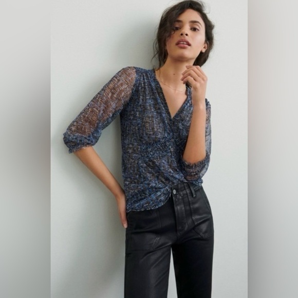 Anthropologie Tops - Anthropologie Gretchen Smocked Tunic Blue & Black Motif Sheer Sz L